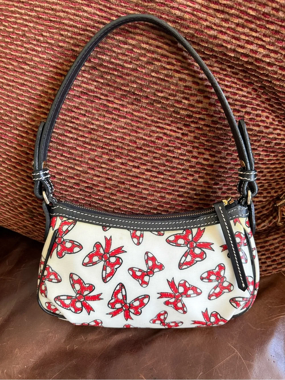 Dooney & Bourke Red and White Bow-Print Shoulder Bag with Black Trim